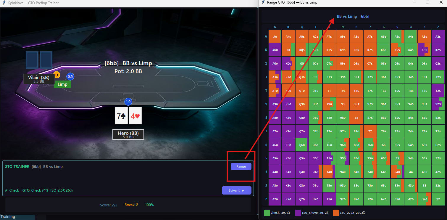 GTO Trainer — Configuration et résultats